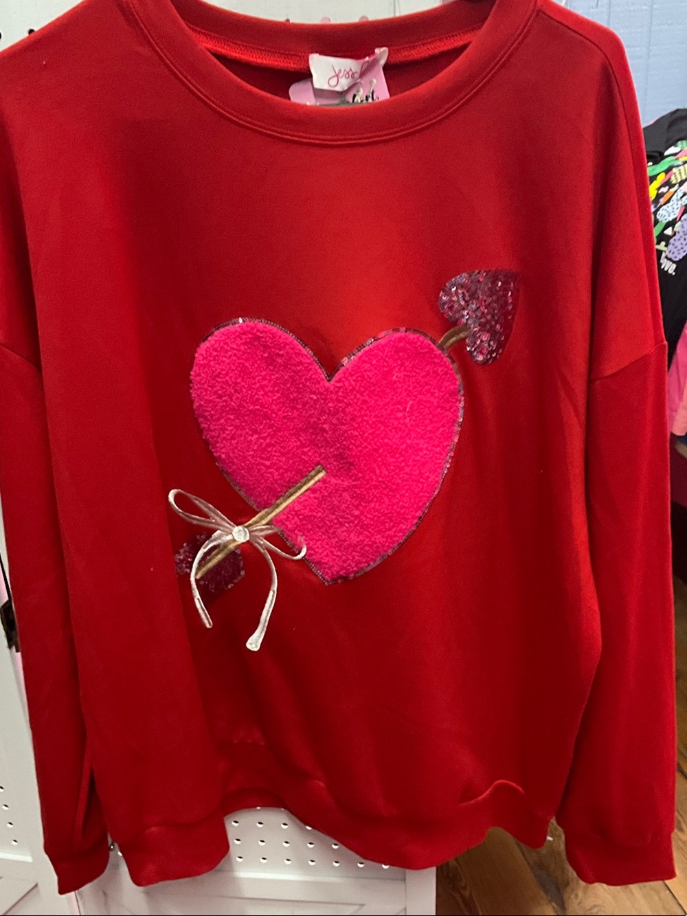 Red Crewneck Sweatshirt with Pink Heart
